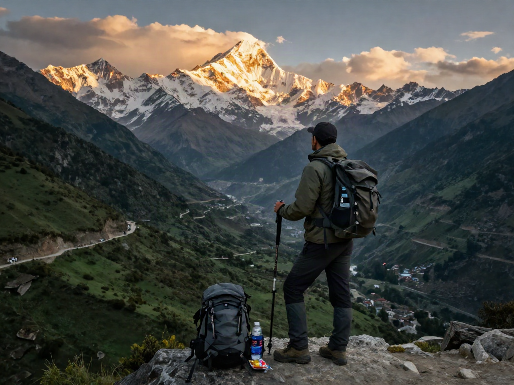 Trek to Manaslu Circuit with a traveler enjoying a scenic mountain viewpoint during golden hour
