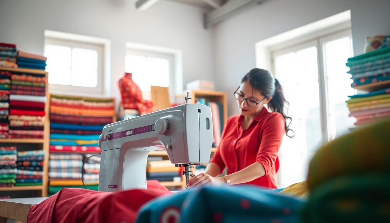 Koop hoogwaardige dames stoffen online in een kleurrijke naaiatelier met diverse stoffen.