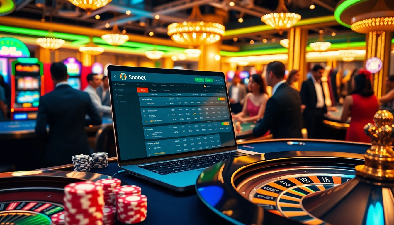 SboBet betting interface surrounded by vibrant casino elements like poker chips and a roulette wheel