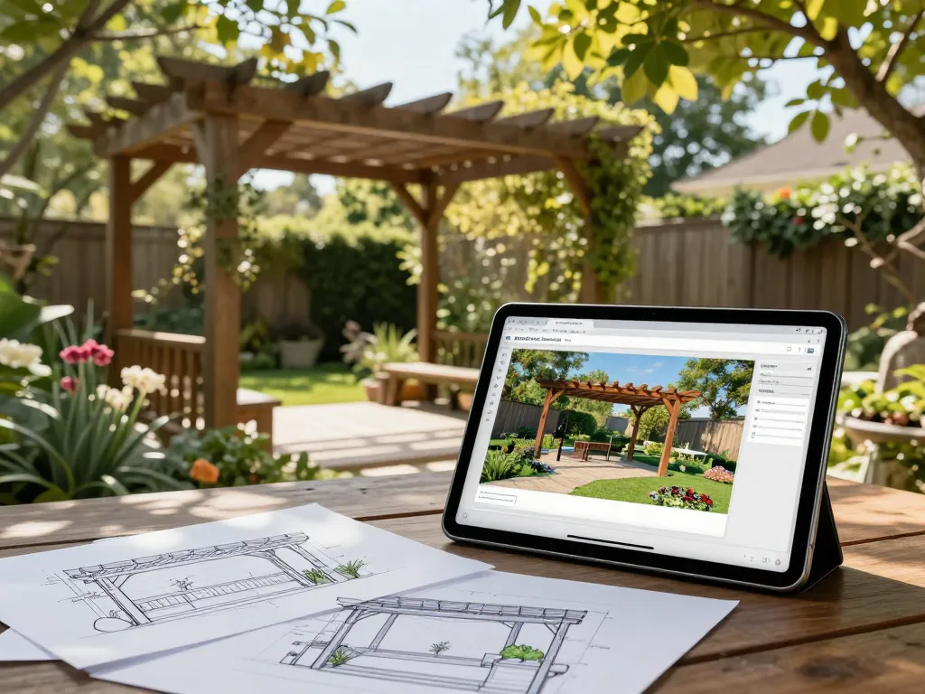 Pergola configurator software in use to design a custom garden pergola with a designer using a tablet.