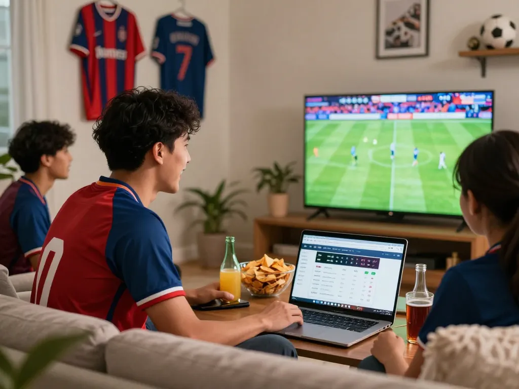 Excited fan watching football on LuongSonTV with snacks and team jerseys around