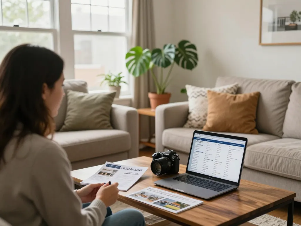 Seller explains how to sell house without repairs to buyer in a bright living room.