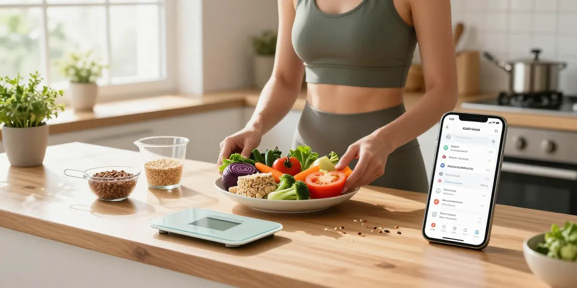 Health-conscious individual using the best calorie tracking apps while preparing a balanced meal in a bright kitchen.