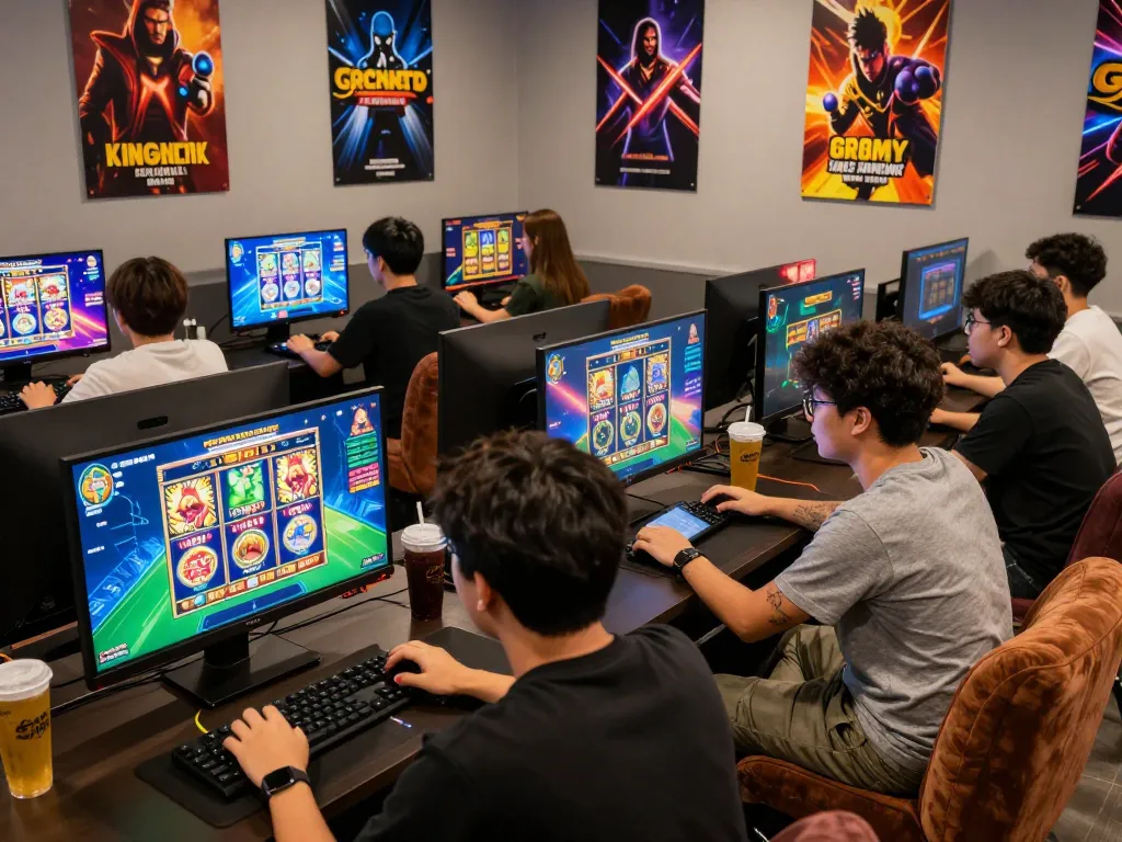 Group of players engaged in thrilling slot gacor games in a vibrant gaming lounge, showcasing the excitement of online gambling.