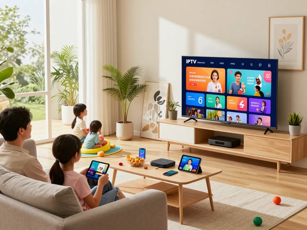 Gezin geniet van IPTV Nederland diensten in een gezellige woonkamer met een smart tv.