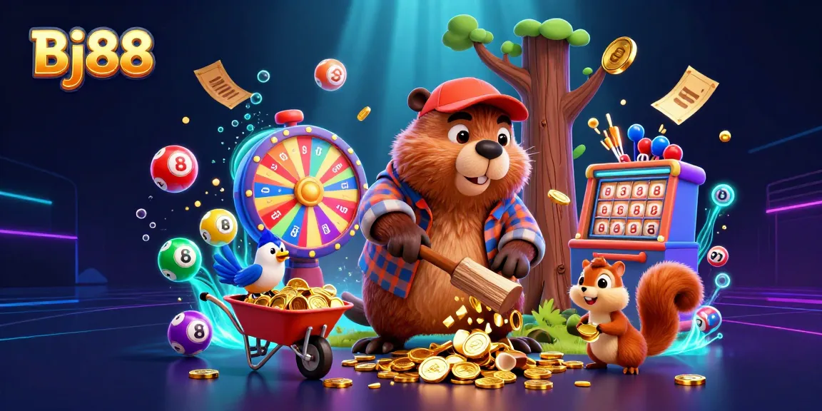Bj88 engages players with a vibrant 3D illustration of a beaver and friends in a dynamic coin rain, symbolizing exciting betting.