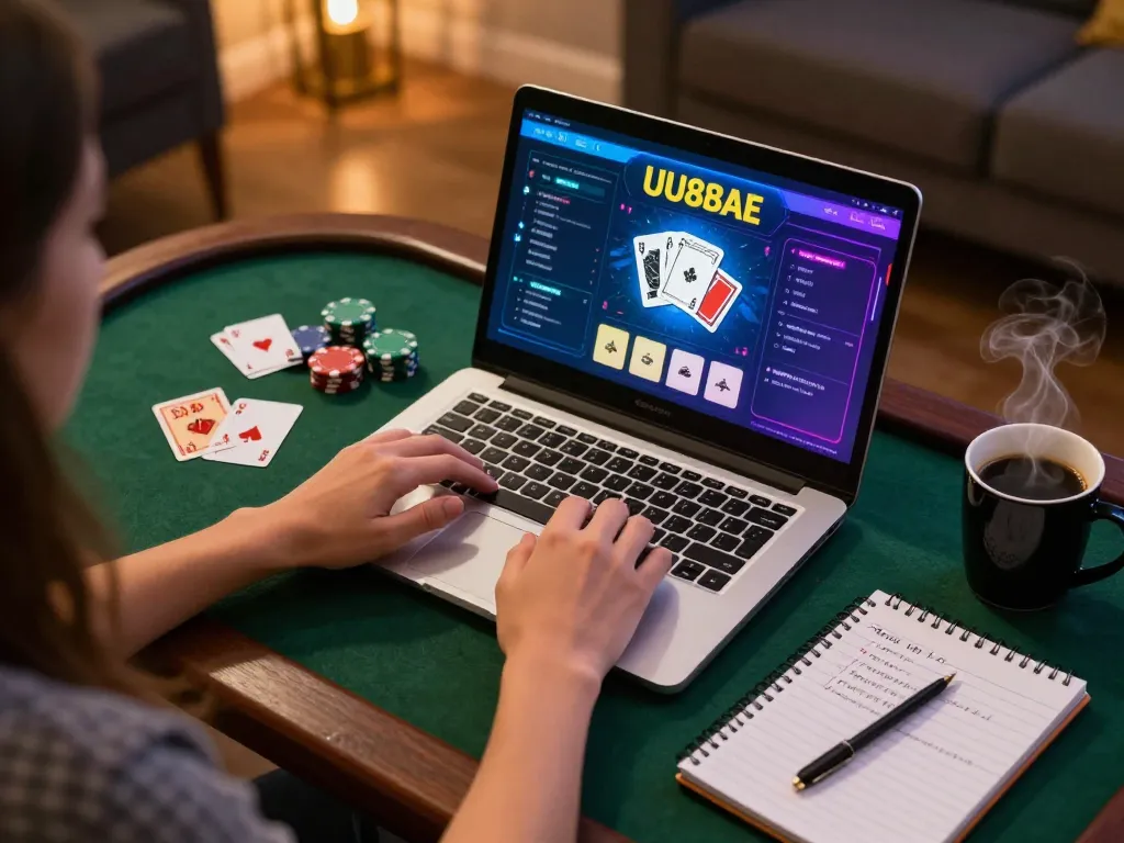 Engage with UU88AE's online casino while enjoying poker at home, showcasing strategic gaming.