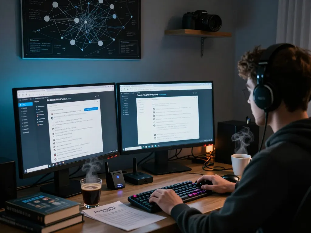 Exploring the hidde wiki url on a computer in a dimly lit tech workspace with security gadgets and monitors.