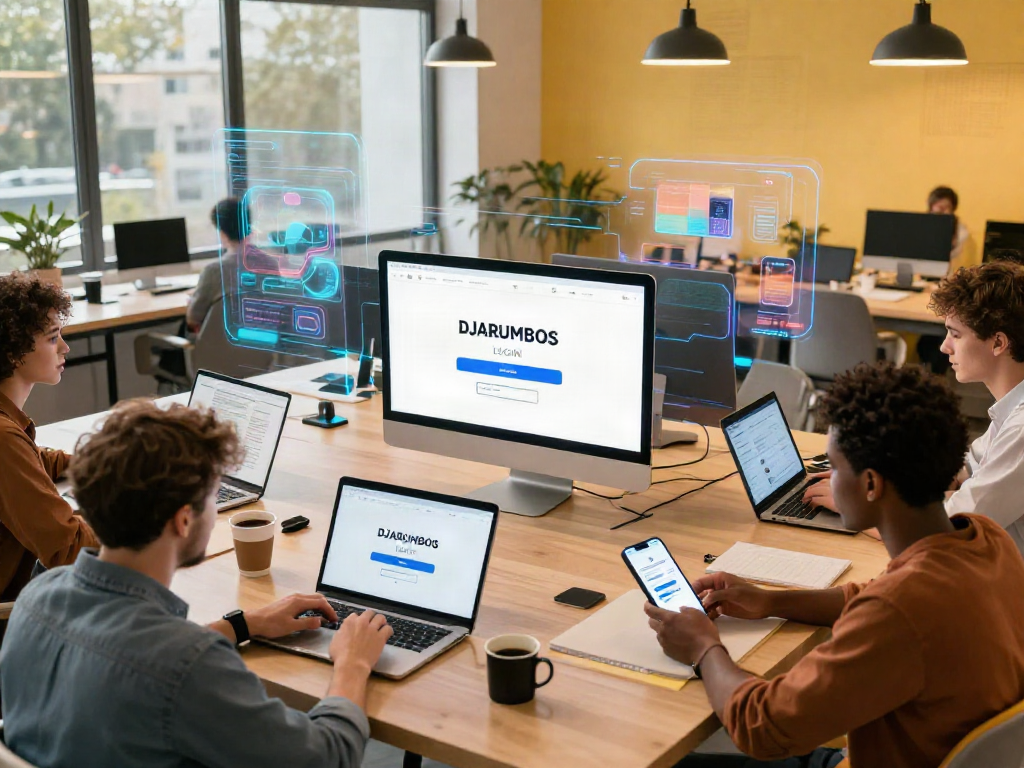 Users engaging with DJARUMBOS LOGIN on modern devices in a vibrant workspace