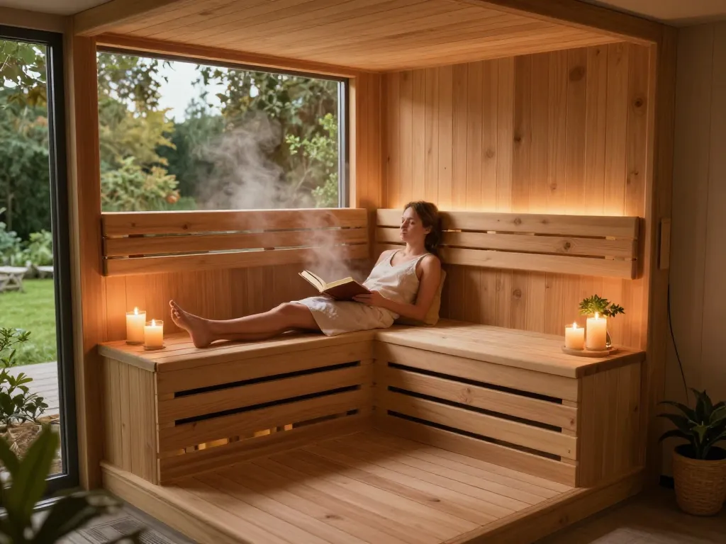 Relaxing in a sauna 3D space with ambient lighting and a serene garden view.