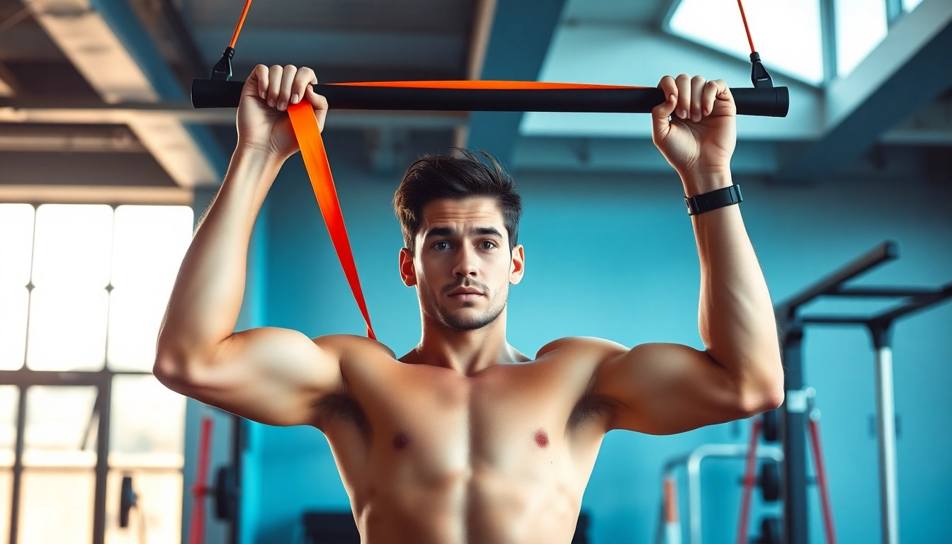 Individual using assisted pull-up bands in a modern gym setting