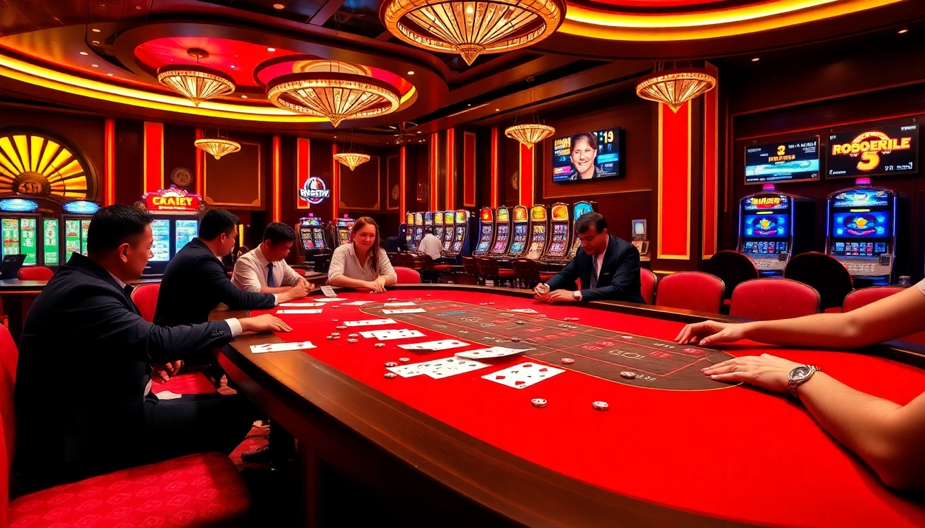 Xoso66 players enjoying poker games at a vibrant casino with a blend of online and traditional gambling.