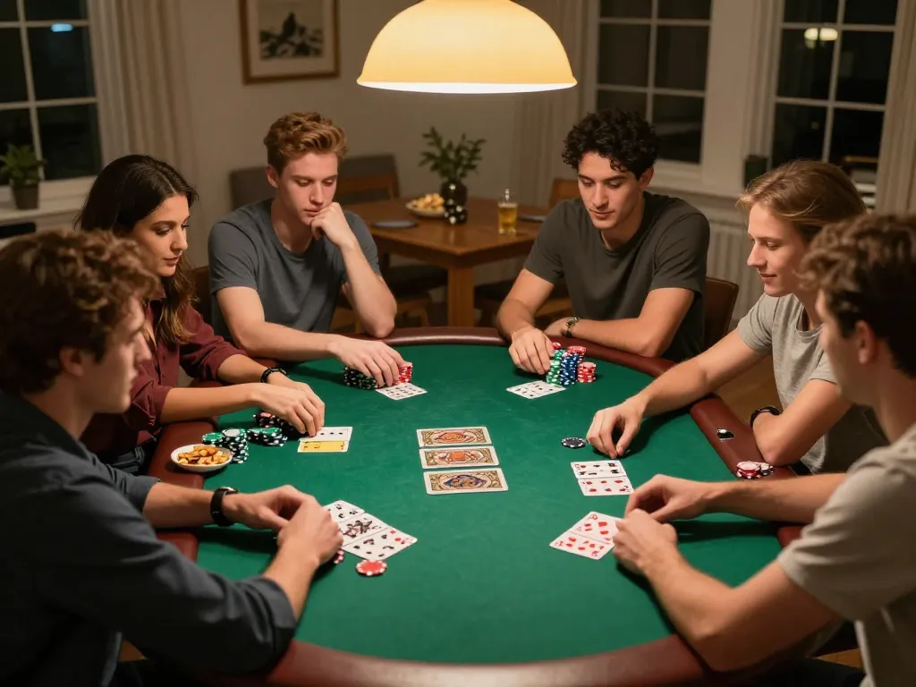 Engaging poker game among friends showcasing giường bệnh nhân elements with chips and cards on a cozy green table.