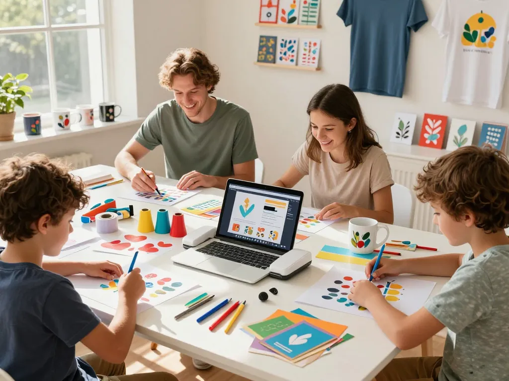Cricut crafting family using the Design Studio app with colorful materials and designs.