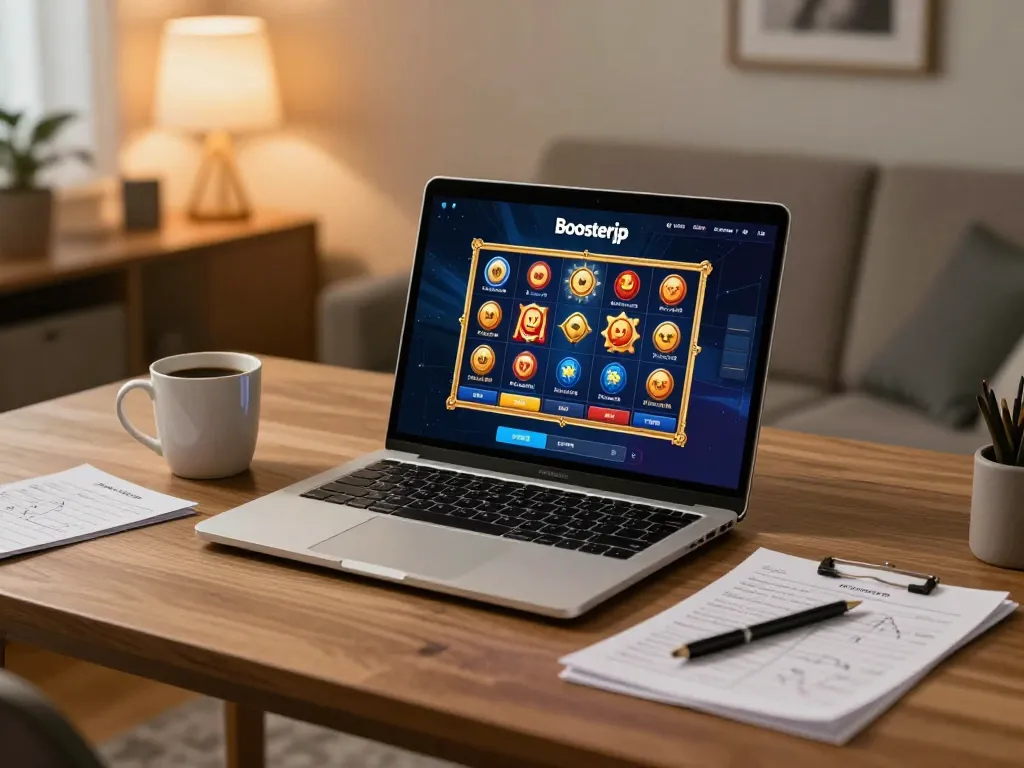 Engaging with boosterjp slot game on a cozy laptop setup in a stylish home office environment.