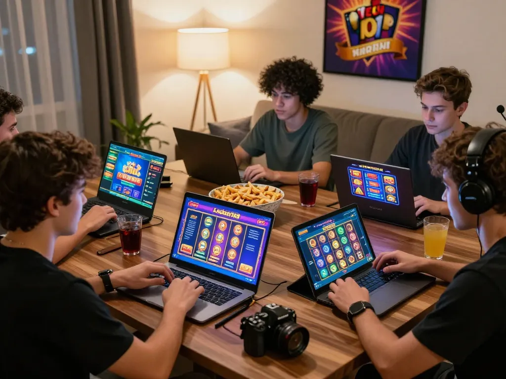 Pemandangan permainan online Laoban188 yang menarik dengan beragam pemain menikmati permainan slot di suasana rumah yang nyaman.