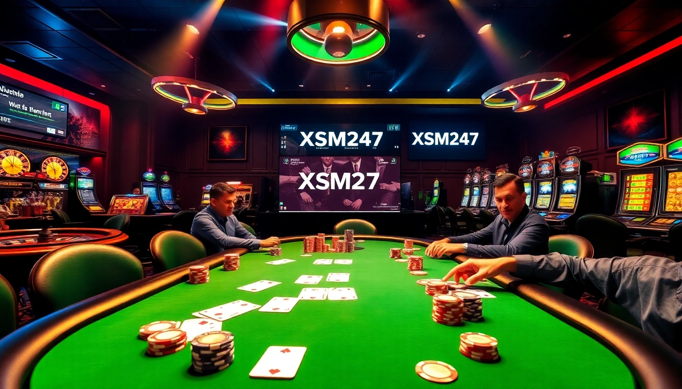 Players engaged in high-stakes poker at an upscale casino featuring XSMB247 betting options.