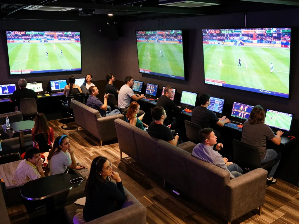 Pengunjung terlibat dalam aksi taruhan situs togel di suasana lounge olahraga yang hidup.