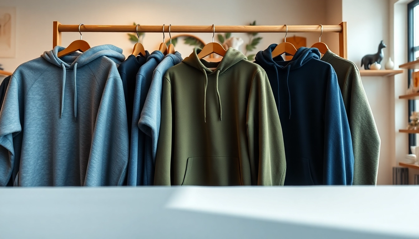 Shop plain hoodies showcased beautifully on a wooden rack in a cozy boutique.