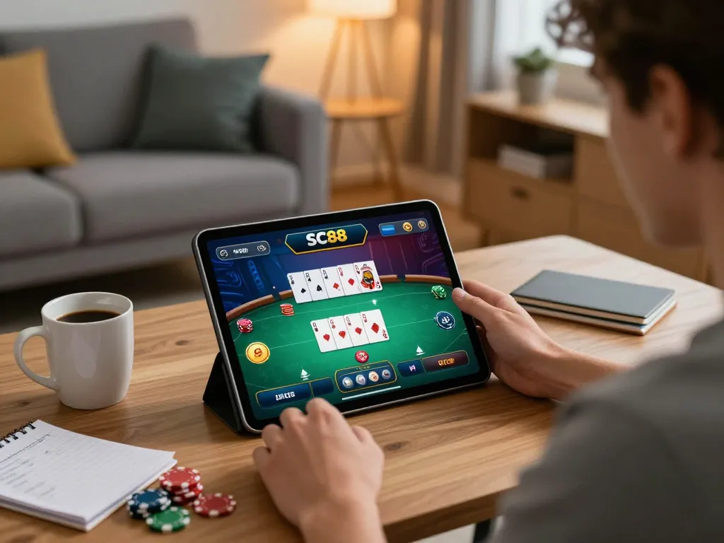 Engaging with the SC88 casino app on a tablet, showcasing strategic online gameplay.