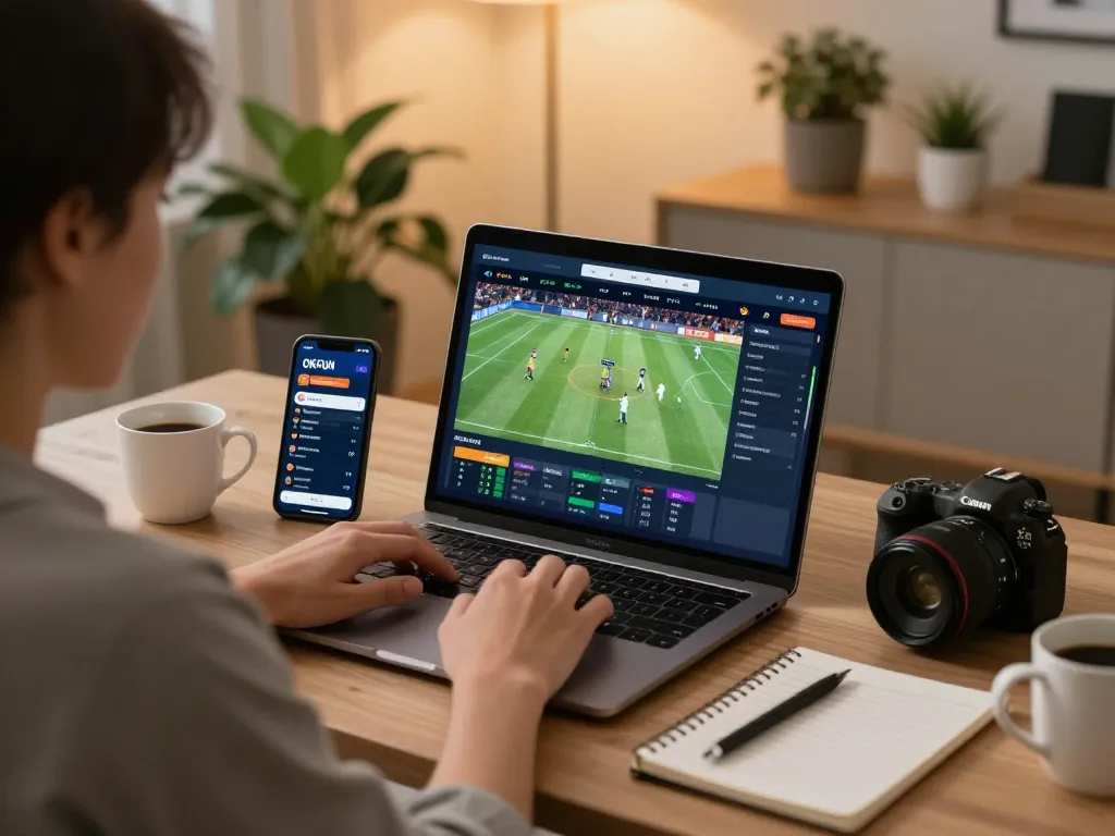 Person joyfully engaging in online sports betting at home using the OKFUN platform, showcasing interaction and strategy.