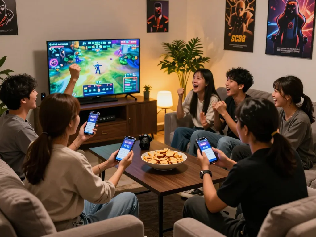 Community enjoying SC88 đăng nhập gaming experience in a vibrant lounge.