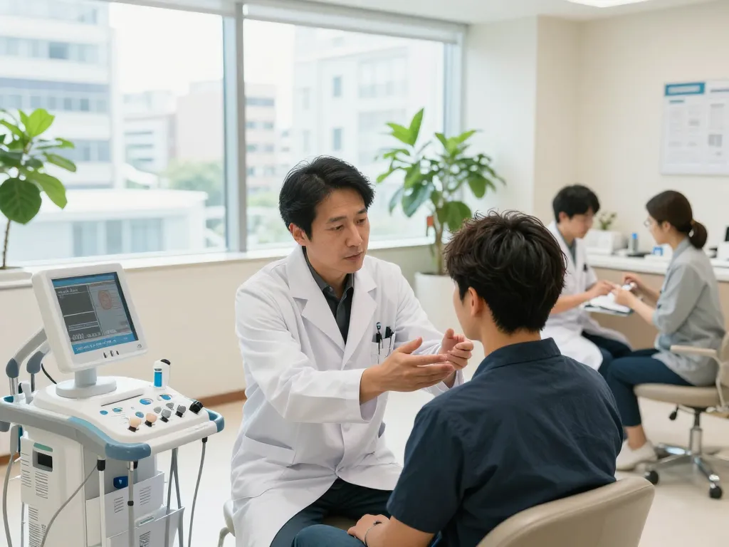 クリニック相談で自毛植毛おすすめ口コミ＆評判情報【ショクコミ】について話し合う患者、専門スタッフと居心地の良い雰囲気を示しています。