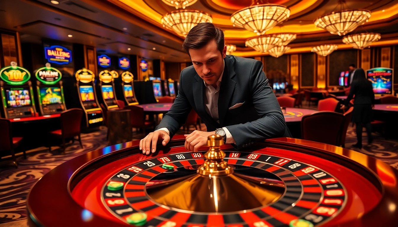 Engaging scene at situs aresgacor showcasing a luxurious casino with roulette, poker, and vibrant gamblers.