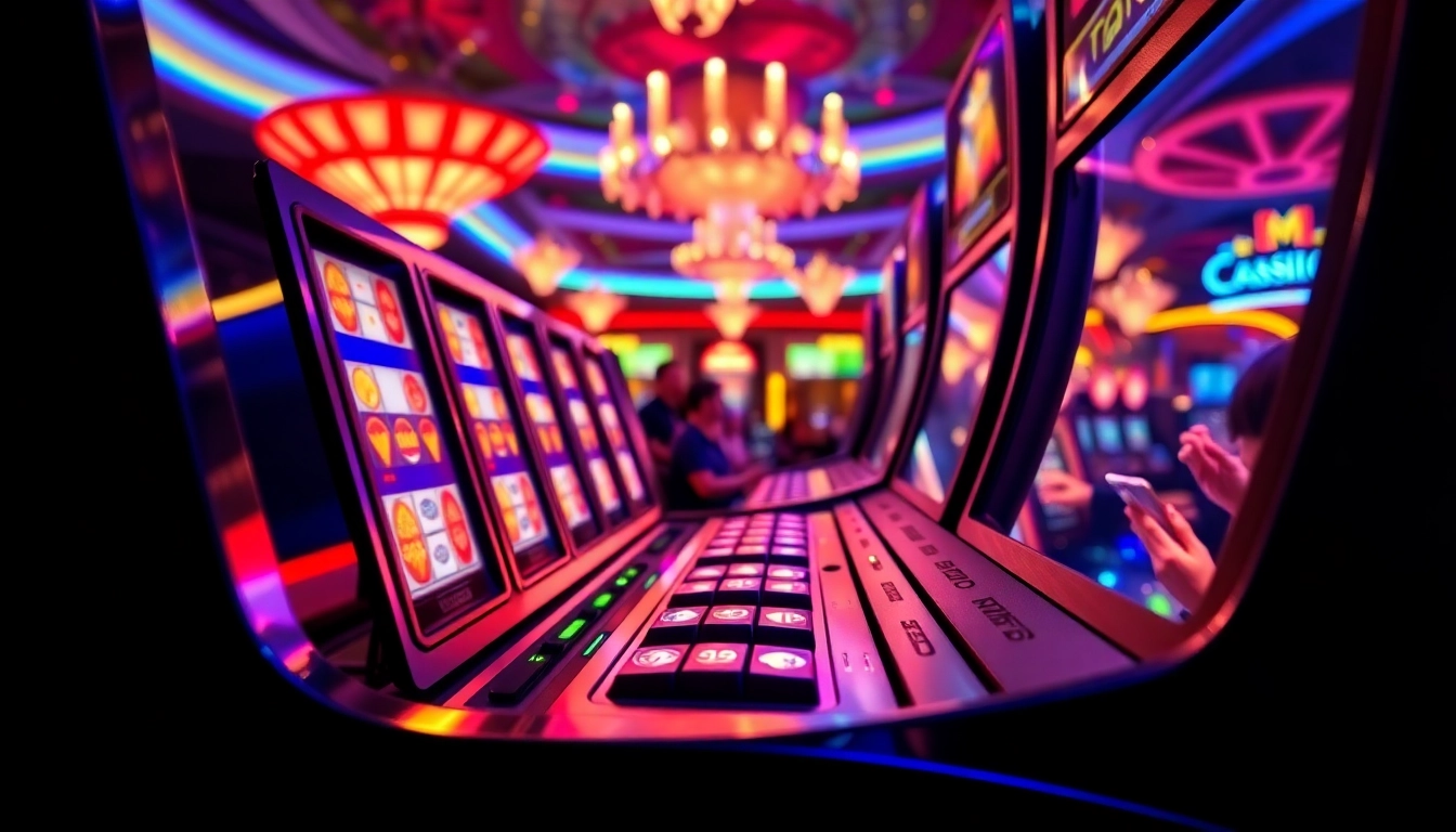 Menangkan slot demo di mesin slot kasino yang hidup dengan lampu neon berkilauan.