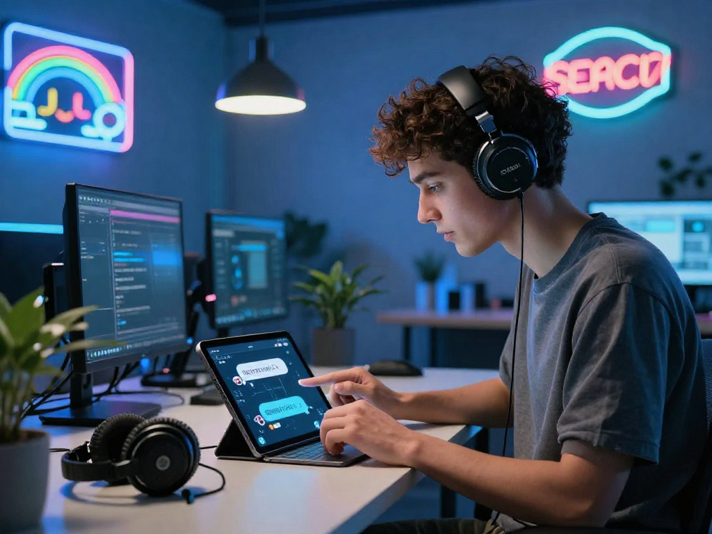 Interactive nsfw chat bot display in a futuristic workspace with vibrant atmosphere.