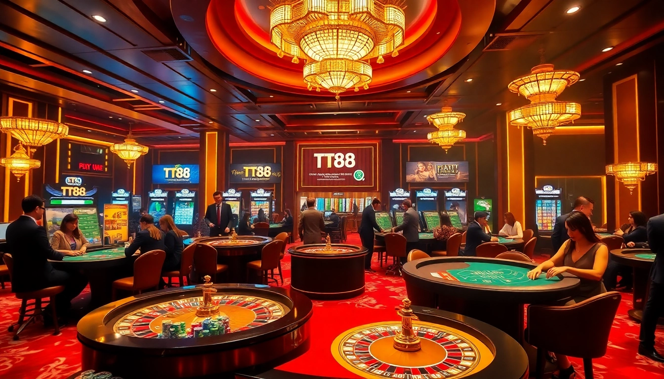 TT88 showcases an exciting casino table with vibrant poker chips and roulette wheels.