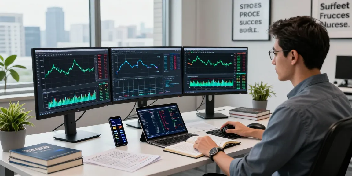 MetaTrader 4 displayed on multiple monitors in a modern trading office, highlighting charts and analytical tools for Forex trading.