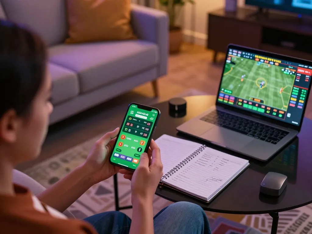 Kèo nhà cái live betting action on smartphone with strategic notes and laptop for informed gambling decisions.