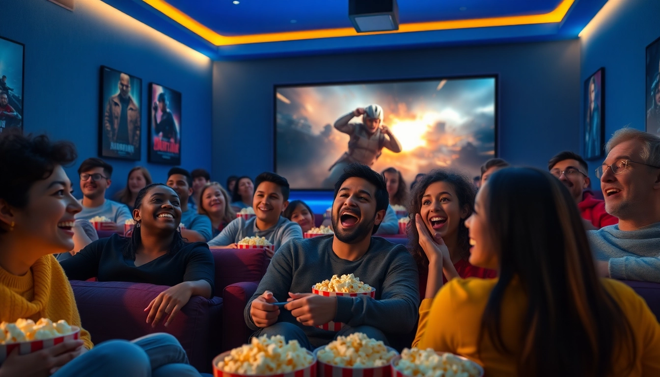 Excited viewers enjoying a film experience, reflecting the zonafilm streaming service atmosphere.