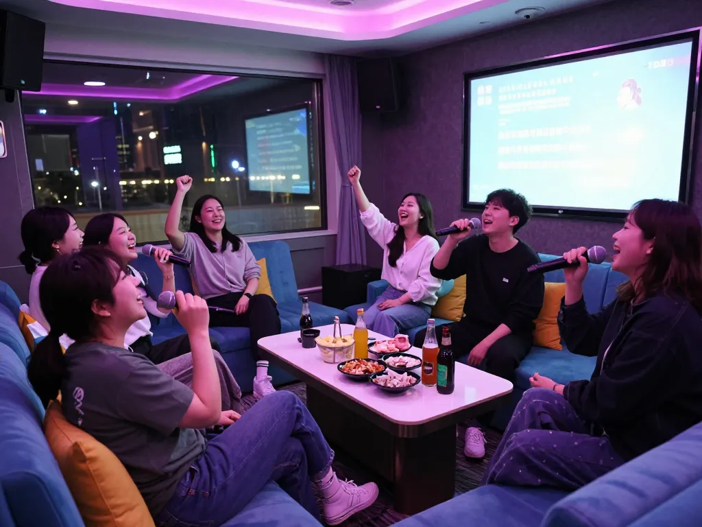 3no.org/bupyeong에서의 활기찬 노래방 밤 경험, 프라이빗 룸, 친구들이 노래 부르는 모습, 테이블 위의 간식들.