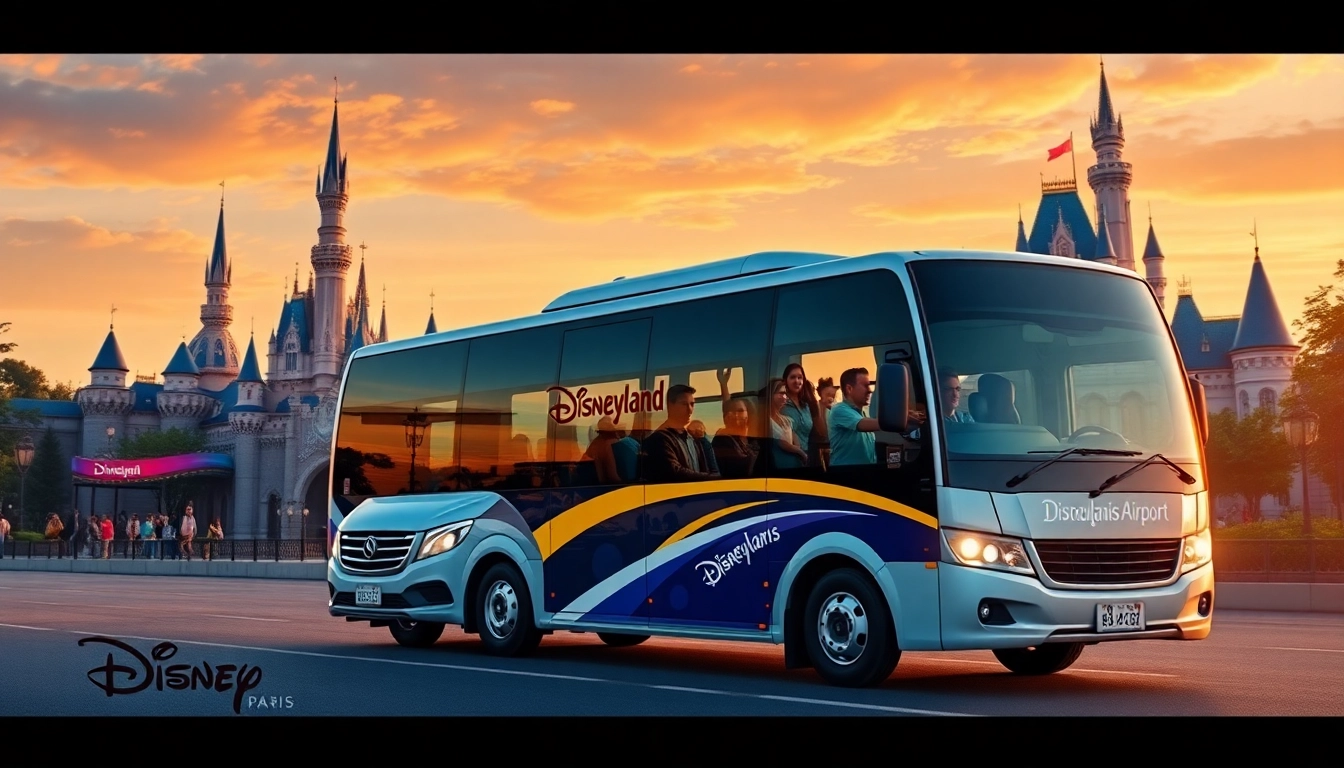 Beauvais Airport to Disney Transfer service with excited passengers boarding a shuttle, set against Disneyland's attractions.