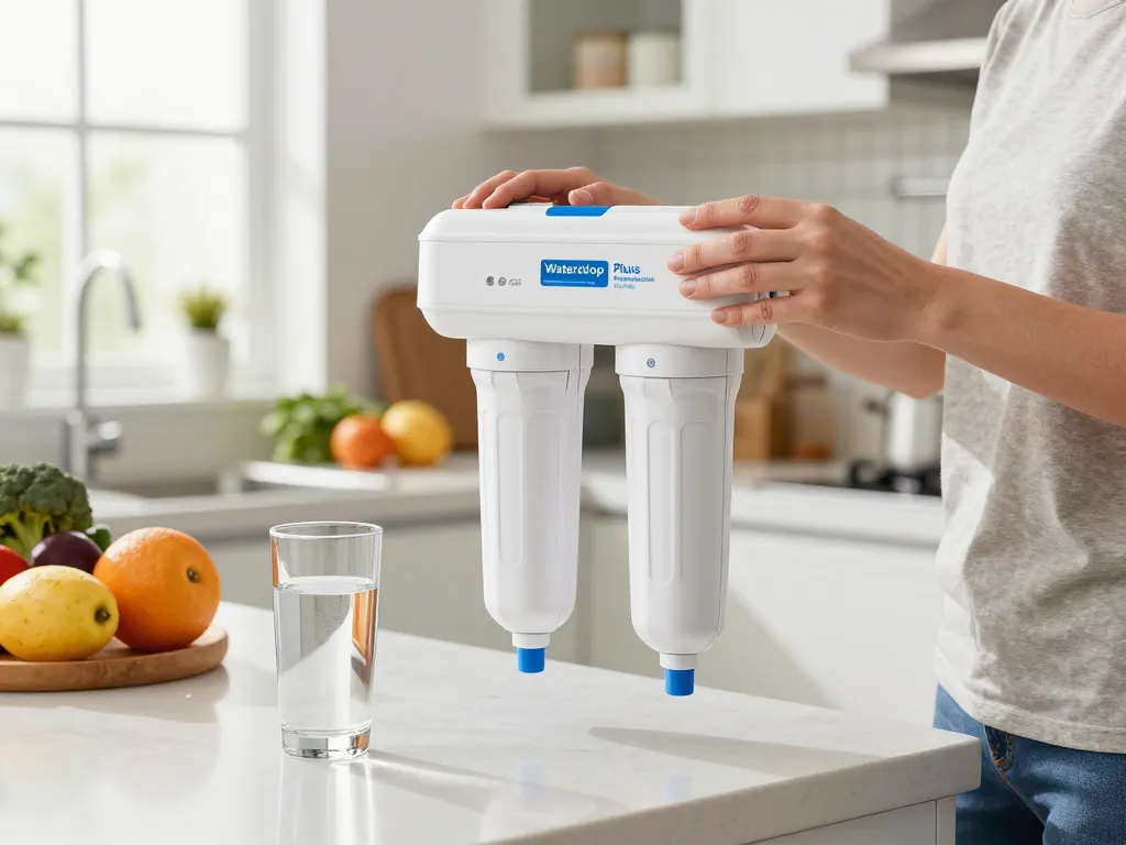 Person replacing Waterdrop Plus WDP-F19C Replacement for GE® RPWFE® filter in a bright kitchen, highlighting healthy living and fresh water.
