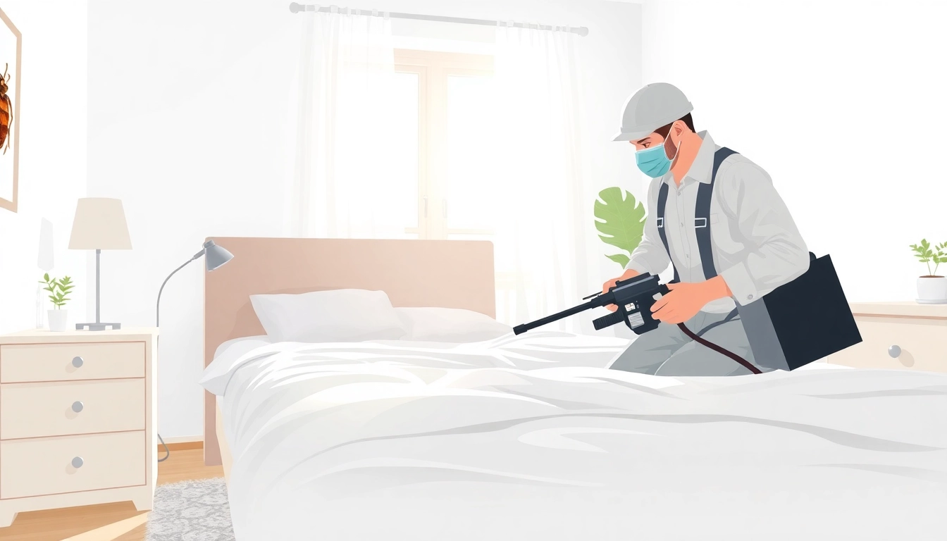 Professional exterminator applying bed bug treatment cost solutions in a modern bedroom.