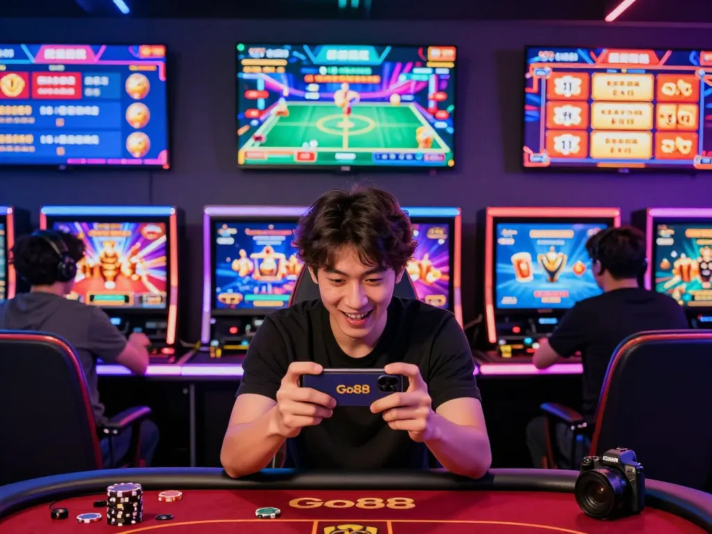 Go88 gaming hub with players enjoying poker and slot games in a vibrant digital setting, reflecting the excitement of online gaming in 2026.