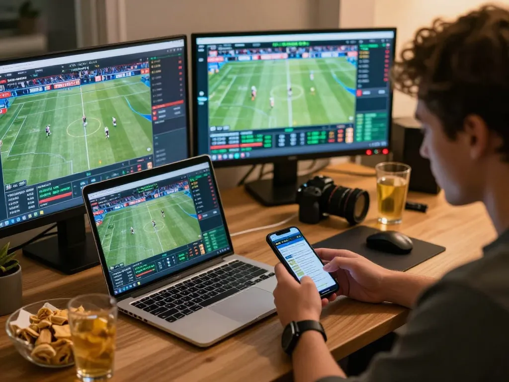 Thabet sports betting: Analyzing live stats while placing bets on a laptop and smartphone.