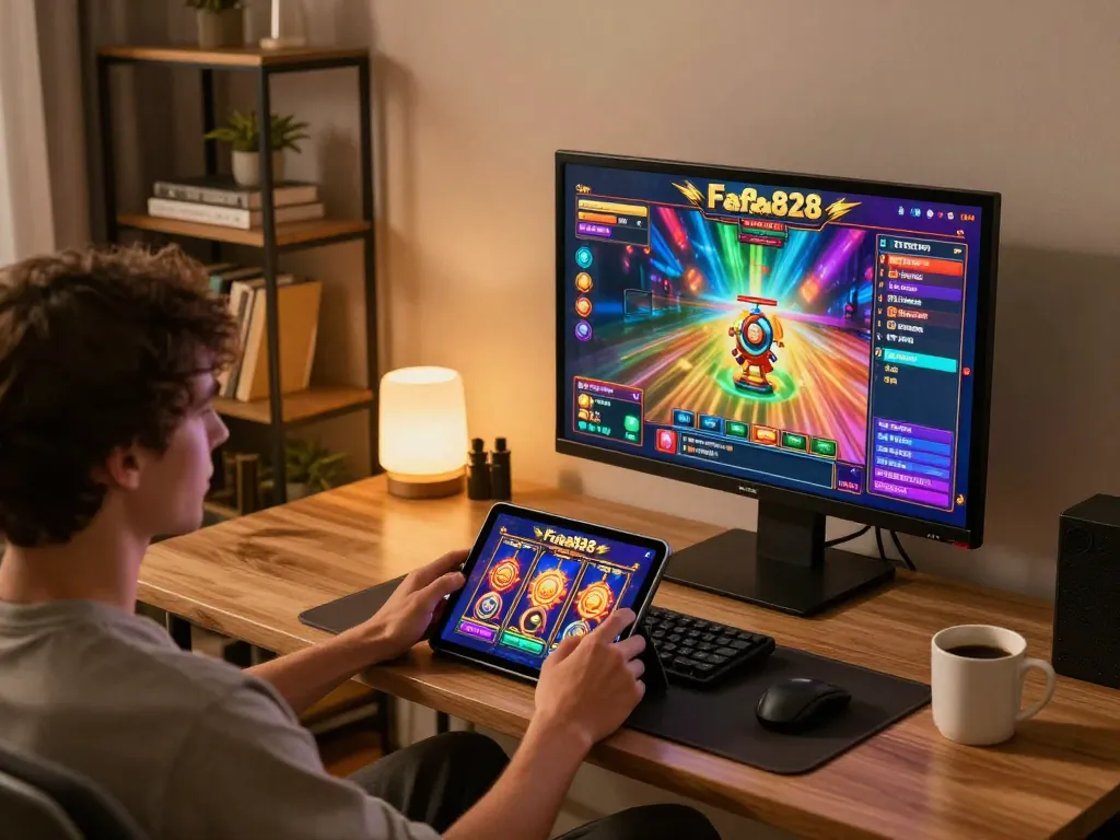 Engaging with FAFA828 online slots on a tablet in a cozy home setting with vibrant graphics.