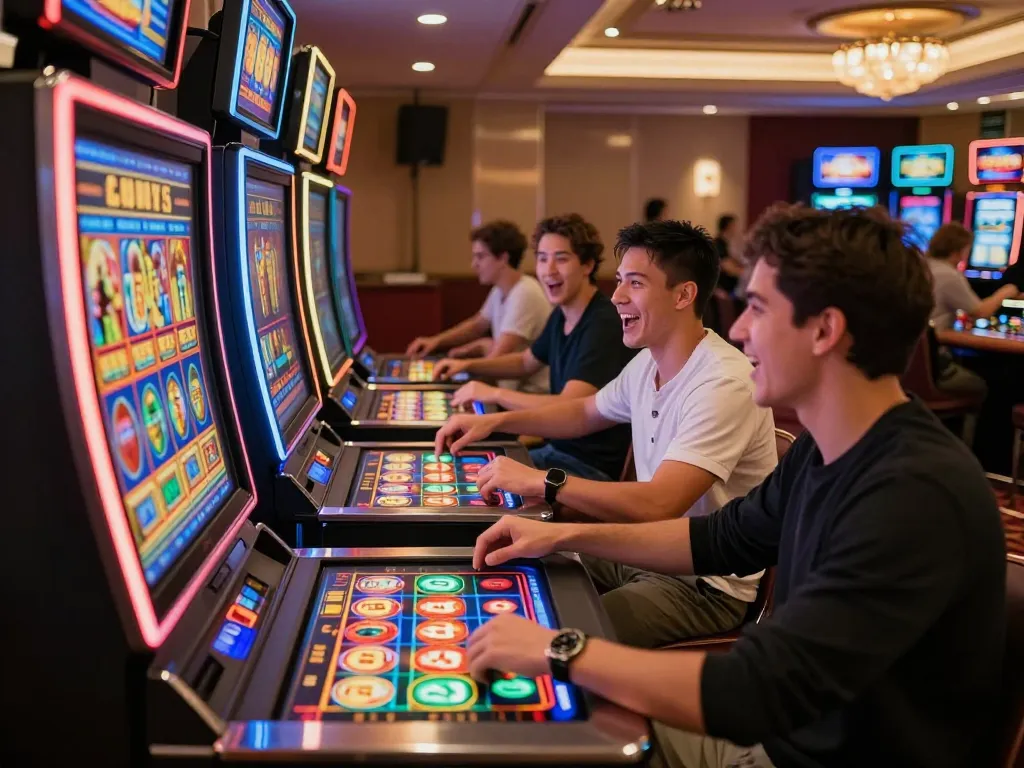 Players celebrating wins on vibrant link slot machines in an upscale casino atmosphere