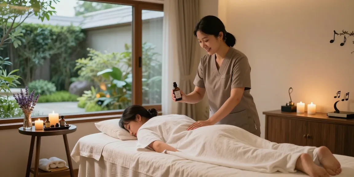 Relaxing 강남출장안마 experience with a serene spa therapist preparing a tranquil massage room.