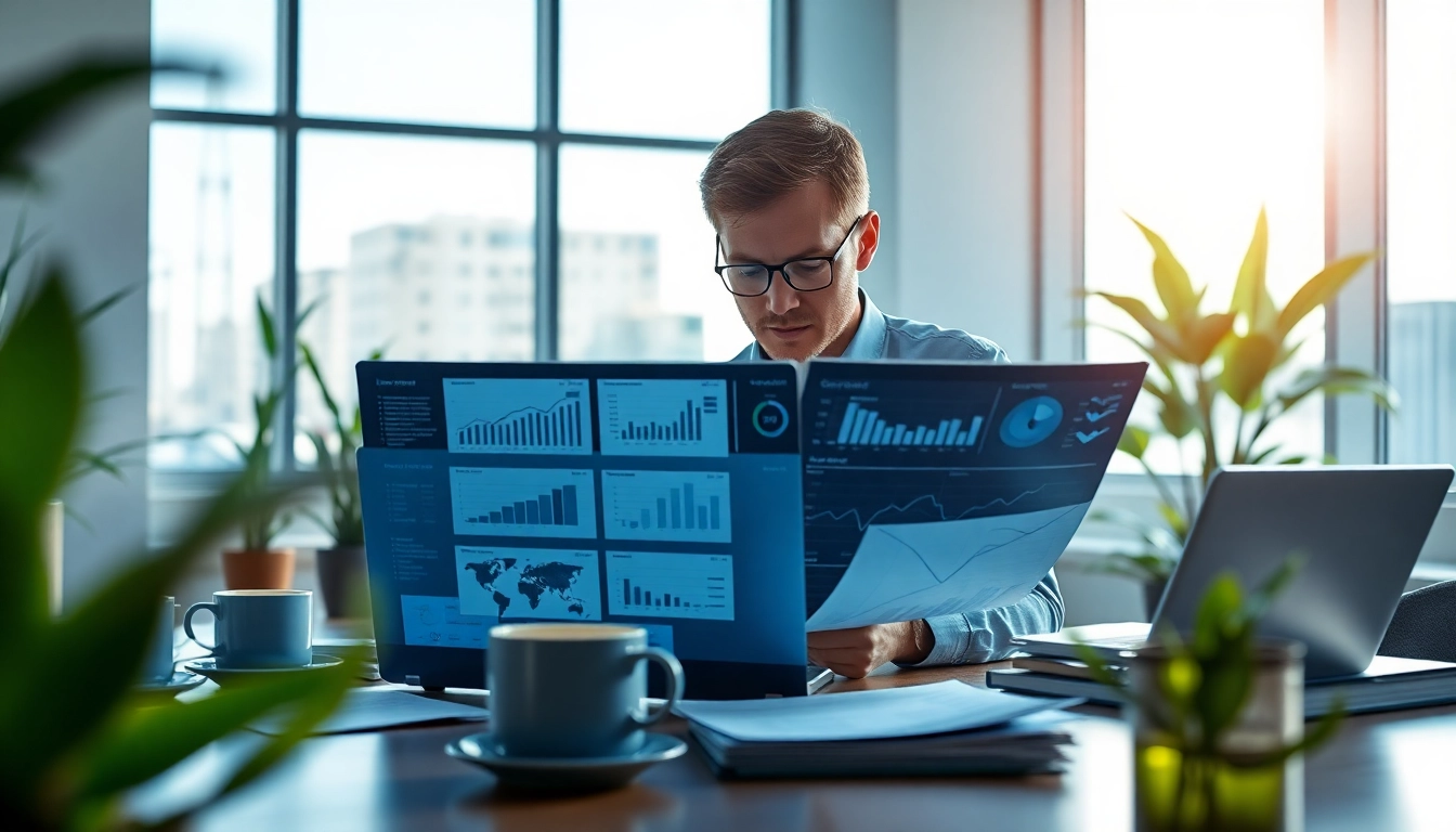 Analyze competitive intelligence data in a modern office with data dashboards and charts.