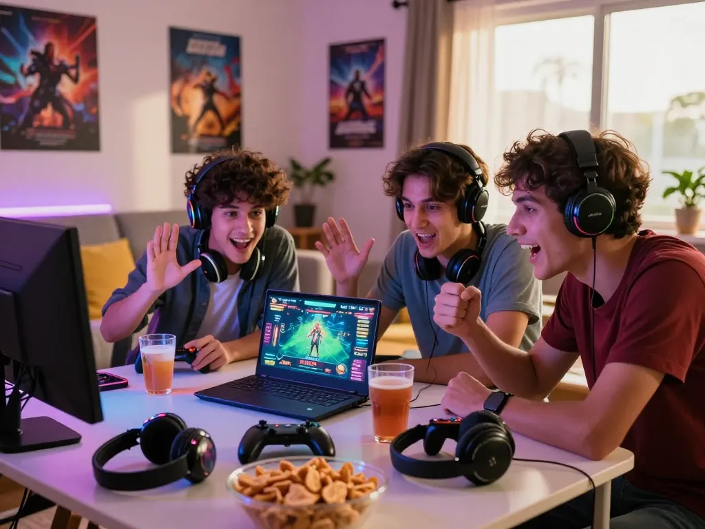 Friends enjoying autowin88 mobile gaming together in a lively living room.