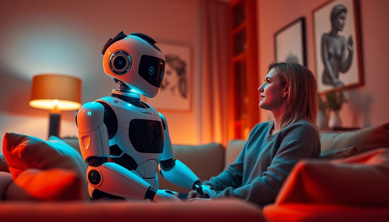 AI sex assistant engaging with a human in a modern living room, showcasing innovation and emotional connection.
