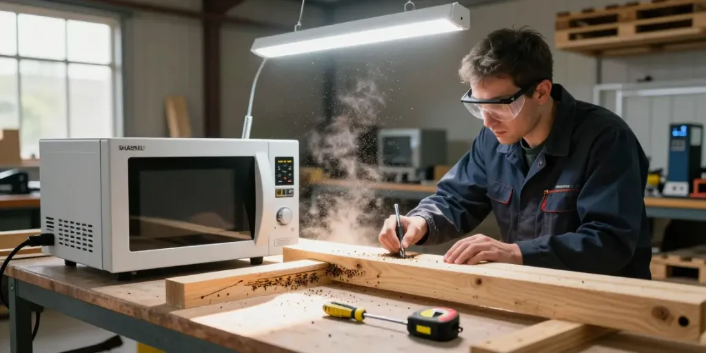 SHASHEL® microwave device in action eliminating wood-boring insects in a workshop.