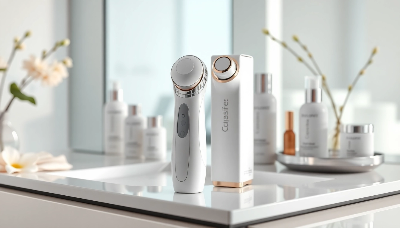 Facial whitening instrument manual displayed in a serene skincare setup with beauty products.