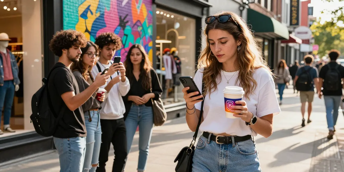 Eine junge Influencerin überprüft Instagram auf ihrem Smartphone, während sie in einem modischen urbanen Umfeld ist, um Instagram-Likes auf Französisch zu fördern.