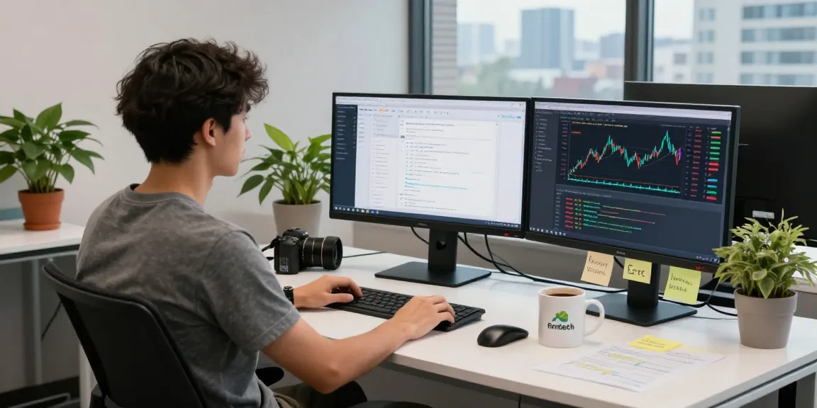 金融API开发接入服务的开发者在现代办公室中工作，显示实时财经数据的多屏幕环境。